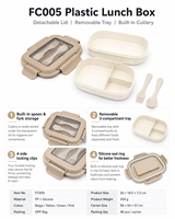 Boîte à lunch en plastique OEM en gros à 3 compartiments avec couvercle à quatre côtés détachable et couverts pour l'école, le bureau et les pique-niques