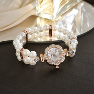 <span class=keywords><strong>Montre</strong></span> à quartz décontractée pour <span class=keywords><strong>femme</strong></span> avec <span class=keywords><strong>bracelet</strong></span> élastique à <span class=keywords><strong>double</strong></span> rang de perles, incrustations de cristaux et boîtier en alliage, cadran à chiffres arabes - Product Image 5