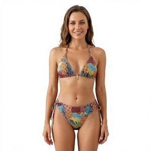 Conjunto de Bikini Estampado con Cuello Halter y Cordones para Mujer, Parte Inferior con Lazos Laterales y Perlas, Spandex y Poliéster de Alta Elasticidad, Corte Regular, Tallas Grandes, Maternidad - Product Image 5