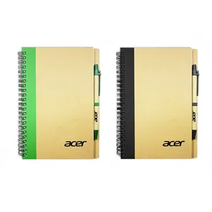 Notebook spiral koil buku ECO logam ganda, notebook spiral kraft A5 dengan pena