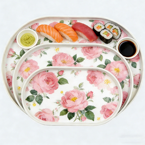 ชุดถาดเสิร์ฟอาหารรูปวงรีลายดอกกุหลาบแบบซ้อนได้ สไตล์เกาหลี ทำจากเมลามีน ขนาด 10/13/15.7 นิ้ว ชุดครบเซ็ต - Product Image 2