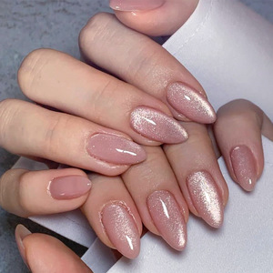 Lot de 24 faux ongles à presser détachables, rose pâle brillant effet œil de chat, courts, forme amande, couvrance totale, pour femmes, usage professionnel en salon - Product Image 1