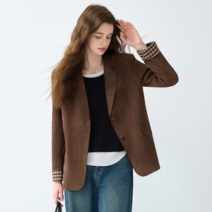 Retro Patchwork Suede Blazer For Women Coffee Color Autumn Winter Workwear Top Solid Pattern Buttons Design - Product Image 1