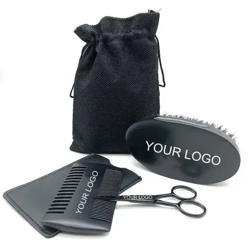 Custom Logo Black Wood Boar Hair Bristle Mens Beard Grooming Kit Beard Brush and Comb Set