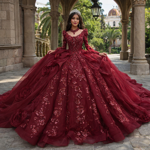 Vestidos de Quinceañera XS260 Vintage Borgoña de Manga Larga con Patrón de Encaje, Cuentas, Cristales y Apliques Bordados para Fiesta - Product Image 1