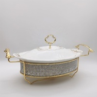 Plat de service de luxe en céramique 1,5L/2L avec incrustations de diamants, chauffe-plat de buffet en porcelaine avec couvercle pour mariages, hôtels et banquets