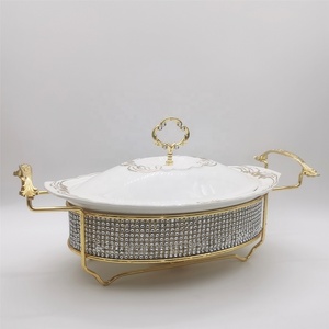 Plat de service de luxe en céramique 1,5L/2L avec incrustations de diamants, chauffe-plat de buffet en porcelaine avec couvercle pour mariages, hôtels et banquets - Product Image 3