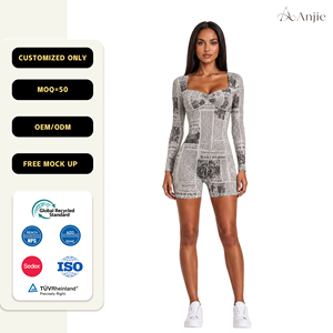 Anjie OEM ODM Body Femme Imprimé Journal Personnalisé Marque Privée Col Rond Découpé Manches Longues Coupe Haute <span class=keywords><strong>Justaucorps</strong></span> - Product Image 1