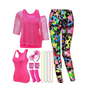 Offre Spéciale des années <span class=keywords><strong>80</strong></span> dames balle filet de pêche ensemble de vêtements de sport été décontracté T-Shirt gilet Leggings avec taille haute tricoté tissu vêtements - Product Image 2