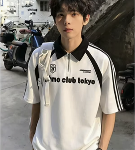 Polo de manga corta blanco para hombre con cremallera y estampado de letras, estilo casual transpirable - Product Image 2