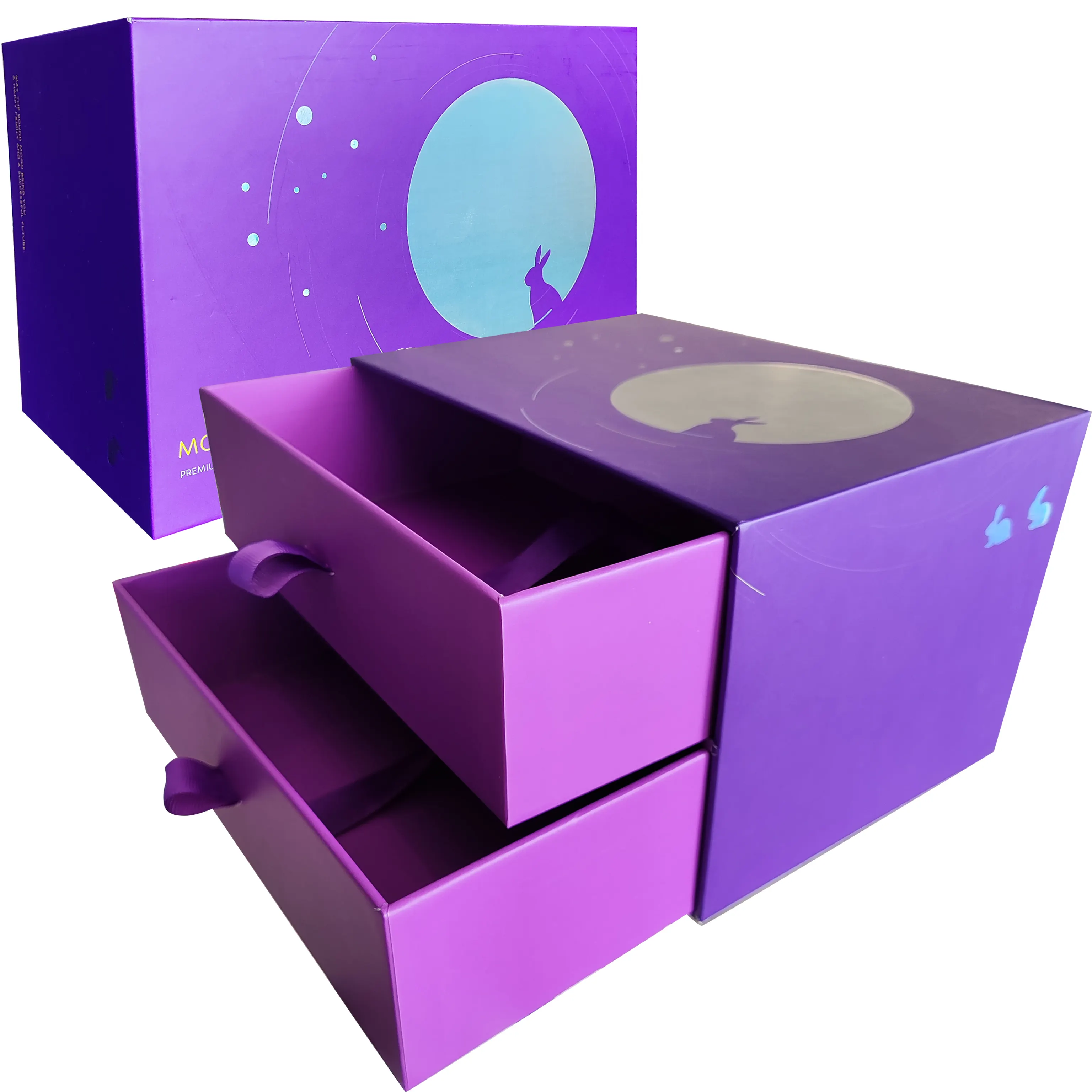 Custom Luxury Matt Varnish Rigid Cardboard Multiple Drawers Jewelry Packaging Gift Box In Purple