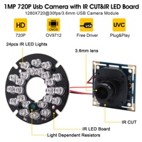 ELP HD 720P USB 2.0 Module de caméra infrarouge à vision nocturne à faible coût avec LED infrarouges 850nm pour la surveillance vidéo de voiture, système de stationnement