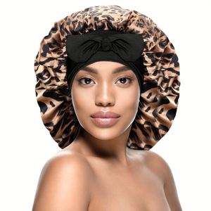 Bonnet de nuit en satin extra large avec bande à nouer, imprimé léopard, bonnet de sommeil en soie pour femmes aux cheveux bouclés - Product Image 2