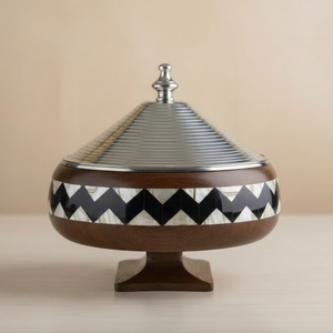 Wooden Casserole Hotpot With Mother of Pearl Design & Stainless Steel Cone <b>Lid</b> Polished Texture for Home Wedding Serving Buffet - Product Image 1