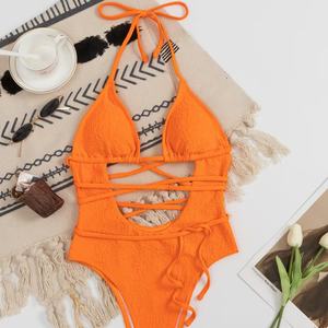 2025 été nouvelles femmes Orange une pièce Bikini taille haute creux maillot <span class=keywords><strong>de</strong></span> <span class=keywords><strong>bain</strong></span> jarretelle à lacets dos nu maillot <span class=keywords><strong>de</strong></span> <span class=keywords><strong>bain</strong></span> teint uni - Product Image 3