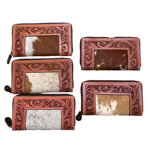 Portefeuille en cuir de vachette façonné à la main pour femme, avec fermeture éclair, pochette continentale, étui à cartes, style western, marron, gravé, élégant et portable - Product Image 1