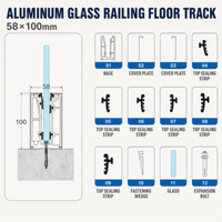 Rail de sol en alliage d'aluminium en forme de U, monté en surface, pour balustrade en verre sans cadre pour balcon et escalier