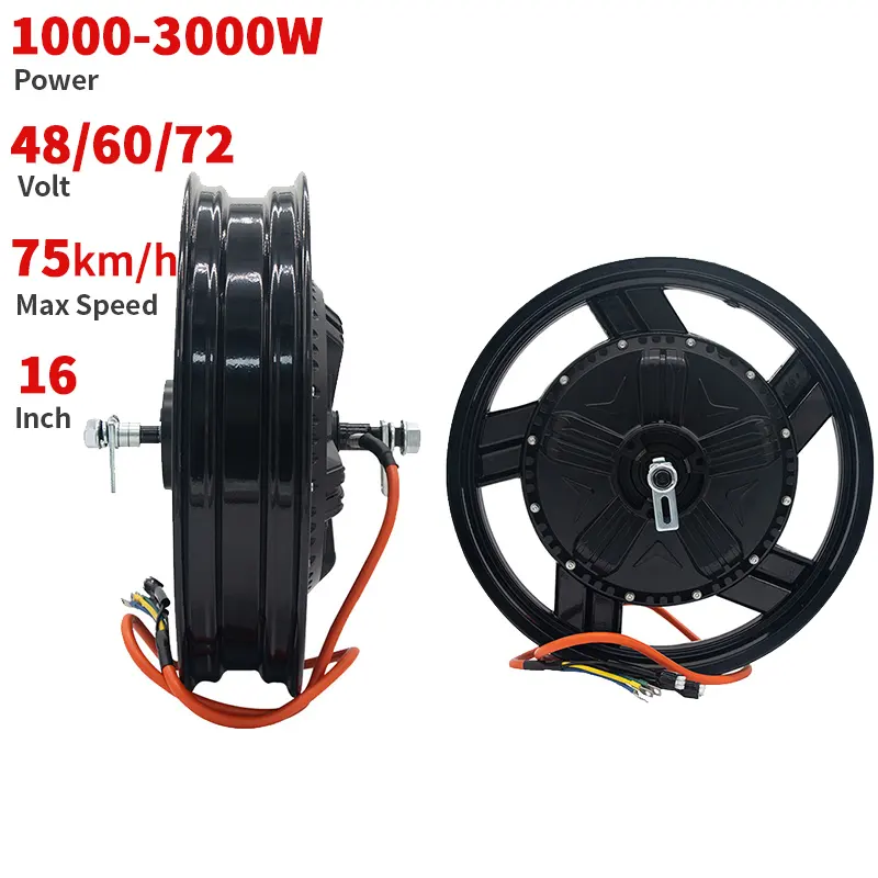 Moteur de moto électrique 16 pouces 1000-3000W 48V/60V/72V/96V moteur de moyeu de roue à couple élevé électrique sans balais à courant continu