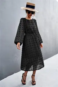 Hot Sale Round-necked Long-sleeved Dot Jacquard Midi Dress Support Clothing Manufacturers Custom