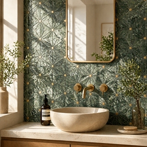Mosaïque murale et de sol en marbre vert foncé luxueux sur mesure, en forme de fleur, avec incrustation en laiton brossé pour salle de bain et cuisine - Product Image 4
