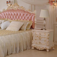 Lit de princesse de style français classique européen, lit double antique, luxueux, en cuir rose véritable, en bois massif, meubles pour la maison