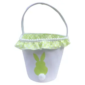 Easter Decoration Basket Printed Plush Bunny Rabbit Tail Easter Basket With Lace Canvas Candy Gift Bag Easter Basket