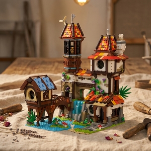 Blocs de construction de château <span class=keywords><strong>moulin</strong></span> <span class=keywords><strong>à</strong></span> <span class=keywords><strong>eau</strong></span> médiéval fantastique - Modèle d'architecture rétro de chalet, jouet en briques DIY pour collection d'adultes - Product Image 4