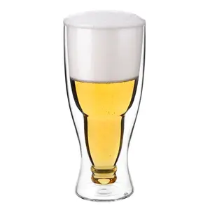CnGlass 13.5oz 수제 명확한 차가운 절연 붕규산 이중 벽 유리 식기 세척기 안전 맥주 와인 유리 컵