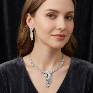 Luxury <b>Silver</b> Plated Brass Cubic Zirconia Necklace Set Elegant CZ American Diamond Bridal <b>Choker</b> Drop Earrings Jewelry - Product Image 1