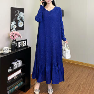 Miyake เดรสแม็กซี่แขนยาวสำหรับผู้หญิง, เดรสแขนยาวผ้าคาดเอวผ้าทอแบบลำลองสีล้วนทรงหลวม2025ฤดูร้อน100% ผ้าโพลีเอสเตอร์ - Product Image 5