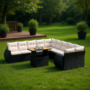 Ensemble de canapé de jardin avec accoudoirs réglables, en rotin PE noir, mobilier d'extérieur au design contemporain, coussins en mousse haute densité - Product Image 2