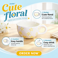 Tasse à bord ondulé avec anse fleur marguerite, en céramique, compatible lave-vaisselle et micro-ondes, vente en gros, pour café, maison, bureau, cuisine, café, bar, cadeau, décoration