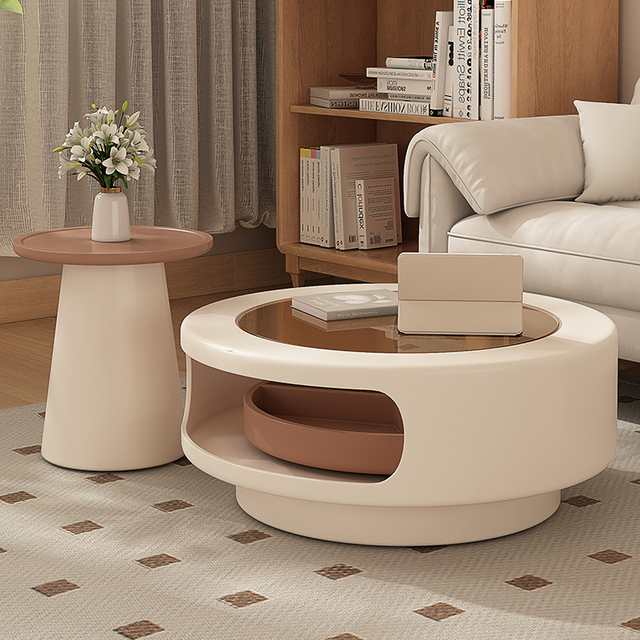 New High-end Cream Rotating Coffee Table for Small Home Living Room, Modern and Simple Coffee Table with Round Turntable