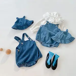 NewbornBaby Jumpsuit Bayi Perempuan Bodysuit Denim Tanpa Lengan Suspender Balita Romper Jeans Koboi Overall dengan Topi