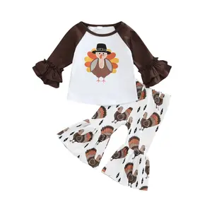 Yeni ürünler ilkbahar ve sonbahar şükran takım türkiye baskı uzun kollu çan dipleri çocuklar giysi set bebek kız