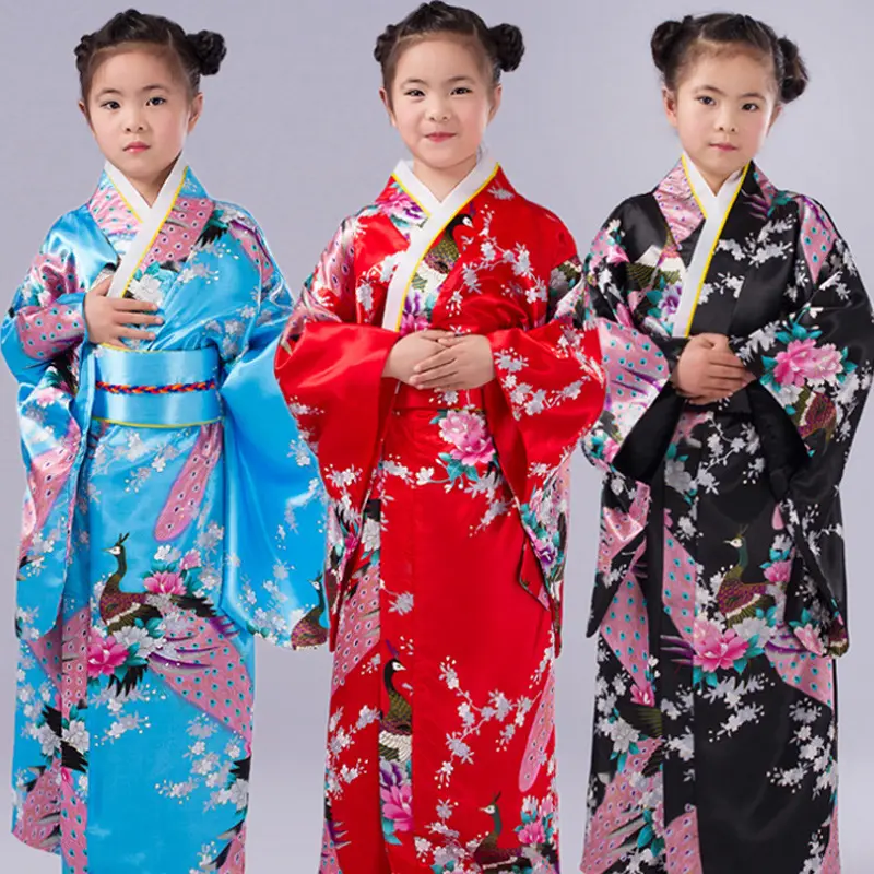 Children's Japanese kimono traditional dress female costume performance printed yukata robe Primary school performance dress