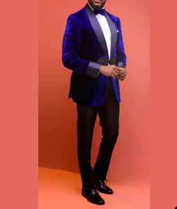 Mavi kadife erkekler Suit terzi-made <span class=keywords><strong>2</strong></span> parça Blazer siyah pantolon çin düğüm nazik düğün damat iş nedensel balo uyarlanmış - Product Image 2