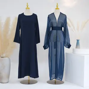 Zifeng OEM Vetements Islamiques Dubai Design Daily Solid Color Puff Sleeve Robe Cardigan Two-Piece Set