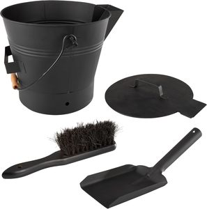 Ensemble de seaux à cendres en métal thermolaqué de style industriel avec couvercle, balai et pelle pour foyer et brasero - Emballage pour commande par courrier - Product Image 1