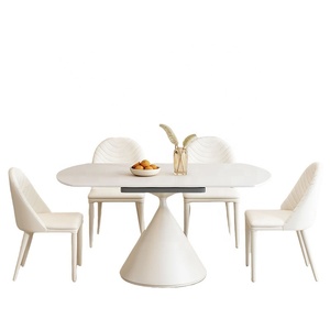 Ensemble de table à manger ovale extensible en pierre frittée, style moderne minimaliste, 6 pièces, base conique, couleur crème, pour la maison, l'appartement, le restaurant - Product Image 1