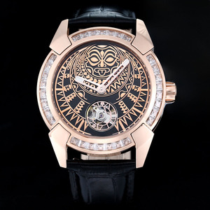 Montre mécanique pour homme avec motif tribal totem, tourbillon, boîtier personnalisé, bracelet en cuir de crocodile noir, montre automatique - Product Image 2