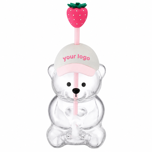 Bicchiere da 20oz a forma di orsetto rosa con fragole, trasparente, con coperchio in silicone e cannuccia, ideale per le feste - Product Image 5