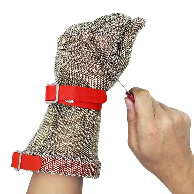 Anti-Cut Level A9 Hand Protection Food Grade Butchers Machinery Factory Ring Stainless Steel Chainmail Gloves With Wrist Strap