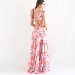 Robe de soirée longue sans manches en mousseline à imprimé floral, col en V, taille empire, avec superposition transparente pour femme - Product Image 3