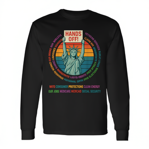 T-Shirt Vintage con Statua della Libertà 'Hands Off Freedom Protest' Manica Lunga Unisex Girocollo per Adulti Abbigliamento Promozionale - Product Image 3