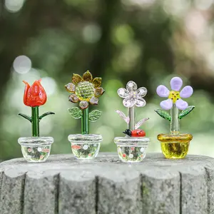 4pcs Cute Mini Crystal Flower Figurines Hand Blown Glass Spring Bouquet Flower Collectible Figurine Glass Cute Figurines