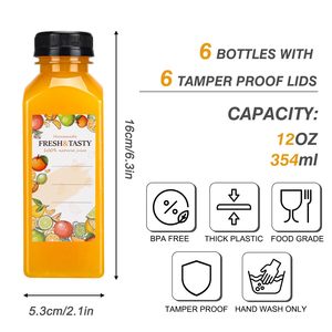 Bottiglie di Plastica PET Quadrate da 360ml per Succhi e Acqua con Tappi a Vite - Vari Contenitori Riutilizzabili per Bevande da 12oz - Product Image 2