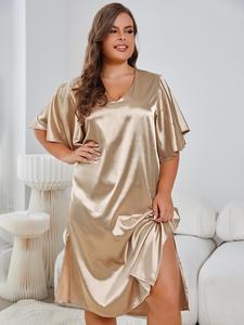Plus Size Smooth <b>Satin</b> Nightdress Ruffle Elegant Sleeve V Neck Solid Sleepdress for Woman - Product Image 2