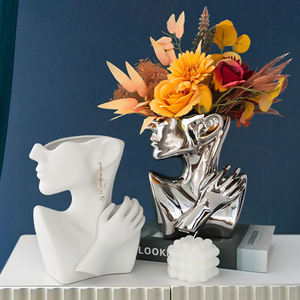 Sculpture créative espagnole blanche en céramique argent demi-visage demi-Portrait <span class=keywords><strong>Vase</strong></span> moderne Art déco Design pour fleurs - Product Image 2