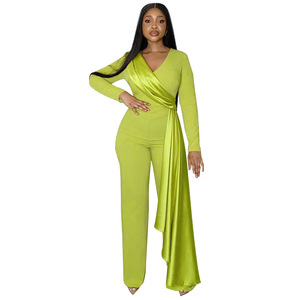 <span class=keywords><strong>Mono</strong></span> elegante de primavera para mujer, ajustado, con empalmes, cuello en V, manga larga, cintura alta, pierna ancha, ideal para fiestas y bodas. - Product Image 3